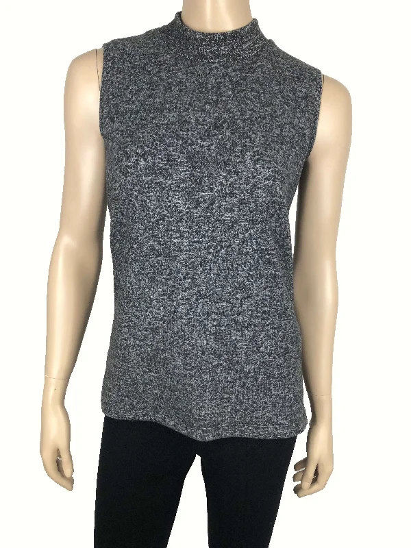 Women's Mock Neck Sleeveless Sweater Grey Mix Soft Knit Made In CanadaWool Knit Tops