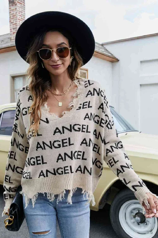 ANGEL Distressed V-Neck Dropped Shoulder SweaterCrewneck Knit Tops