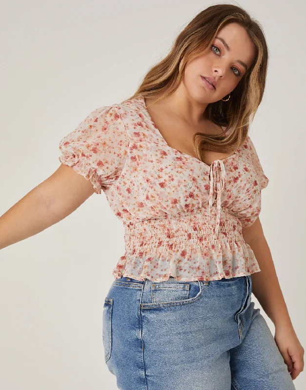 Women's summer topsPlus Size Lace Up Chiffon Floral Top