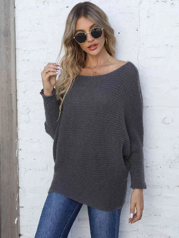 Full Size Horizontal Ribbing Dolman Sleeve SweaterButton-Up Knit Tops