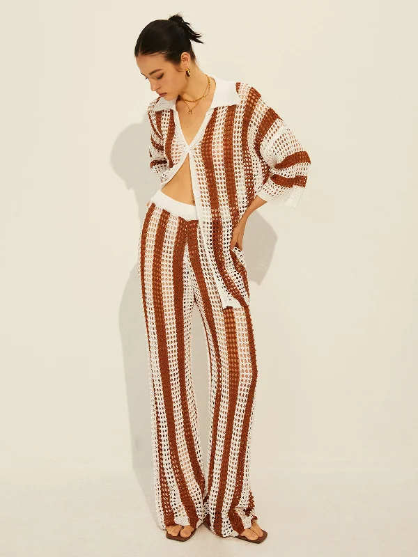 Sheer polo shirtStripe Polo Knit Pants Set