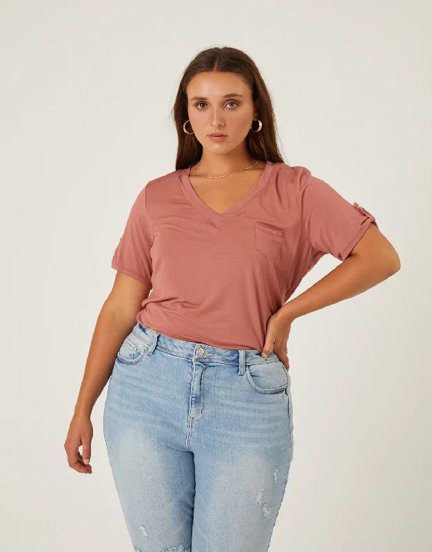 Plus size women's simple topsPlus Size Drapey V-Neck Pocket Tee