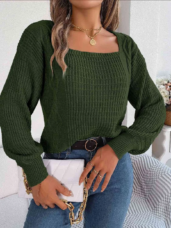 Square Neck Mixed Knit SweaterStatement Knit Tops