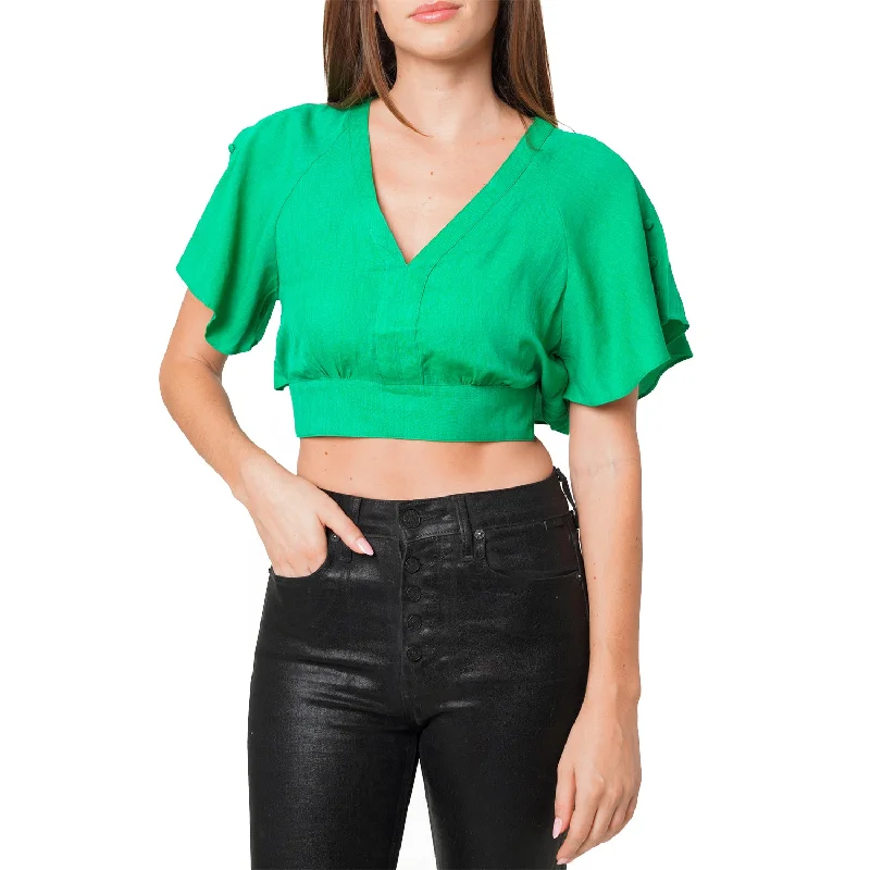 Women's Tie Waist Cape Sleeve Cropped Blouse in Kelly GreenCroptopfan