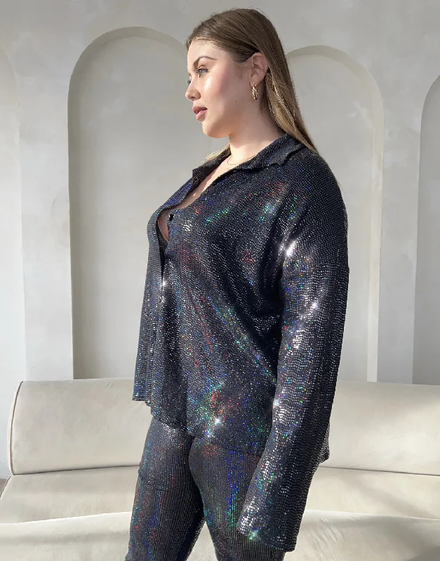 Large women's quick-drying topsPlus Size Button Up Disco Sequin Shirt