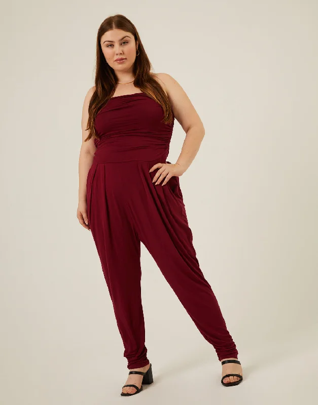 Plus size women's off-the-shoulder topsPlus Size Ruched Knit Jumpsuit