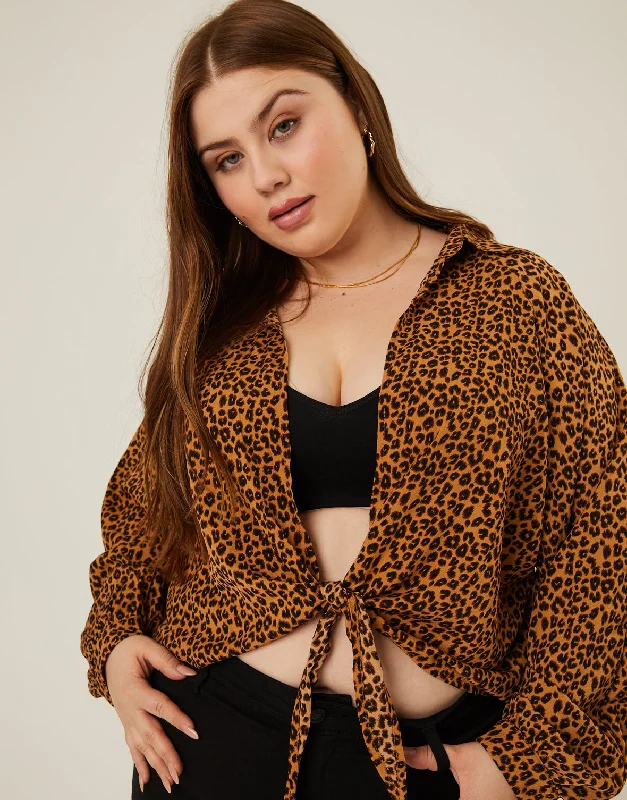 Plus size women's solid color topsPlus Size Leopard Tie Front Top