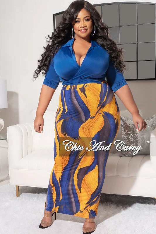 Final Sale Plus Size 2pc Short Sleeve Crop Tie Top and Pencil Skirt in Royal Blue and Mustard Design PrintCroptopdetail