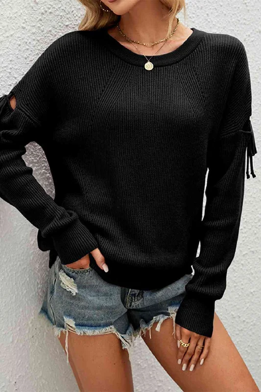 Round Neck Dropped Shoulder SweaterWork Knit Tops