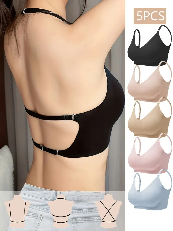 5-Pack Seamless Backless Strap Crop Tank Top Sports Bra, Wire-Free Invisible Bralettes With Adjustable Straps For WomenCroptopfinish