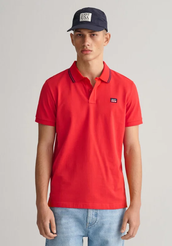 Printed polo shirtGant Striped Contrast Collar Pique Polo Shirt, Bright Red