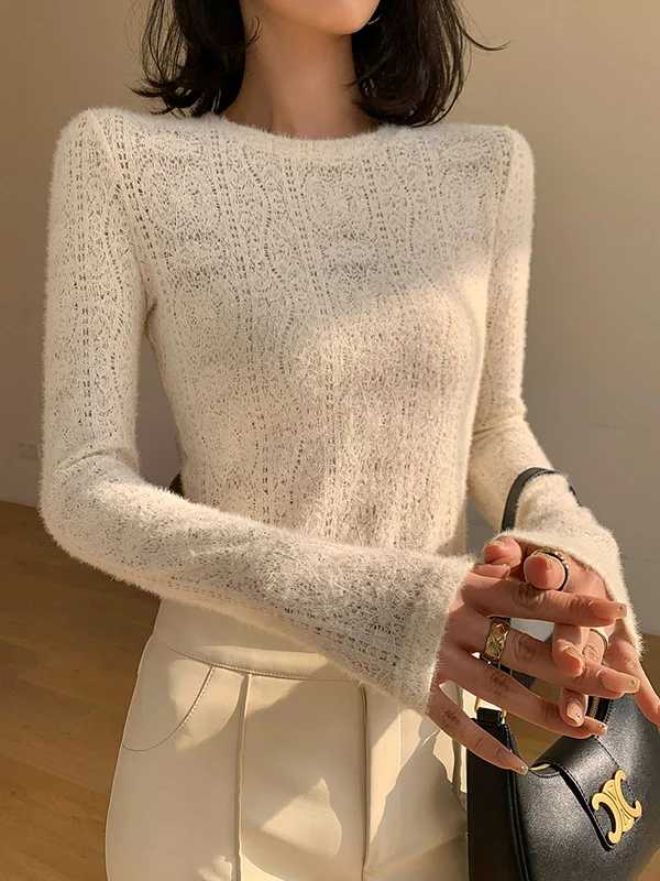 Floral Hollow Knit Crew Neck Long Sleeve TopCrewnecktailor