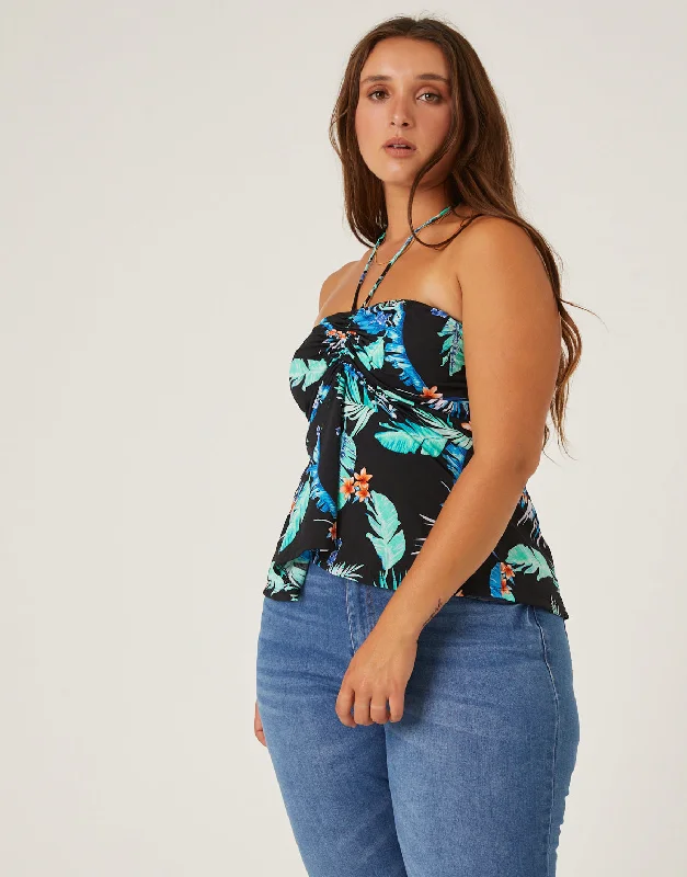 Plus size women's casual topsPlus Size Tropical Ruched Halter Top