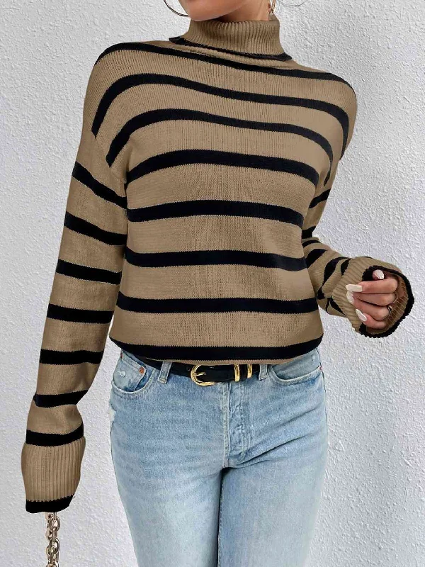 Striped Turtleneck Drop Shoulder SweaterCamping Knit Tops