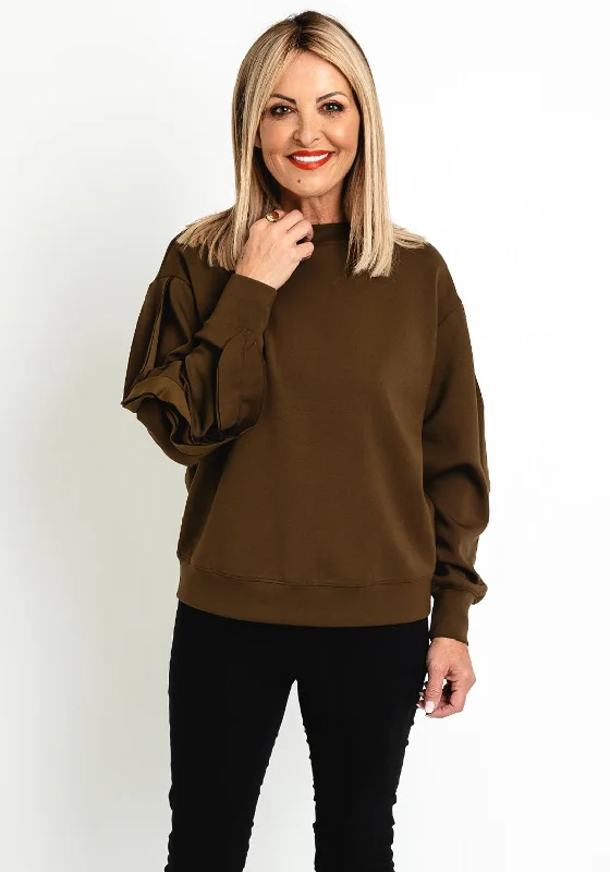 YAYA Ruffle Sleeve Detailed Crewneck Sweatshirt, Dark Army GreenCrewneckbreathable