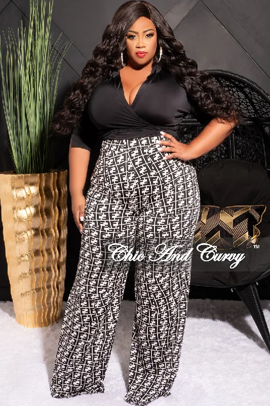 Final Sale Plus Size 2pc Long Sleeve Faux Wrap Collar Black Crop Tie Top and Pants in Black & White Maze PrintCroptopfit