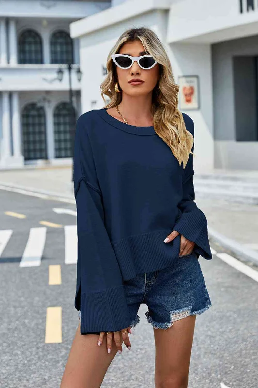 Round Neck Dropped Shoulder Slit SweaterBamboo Knit Tops