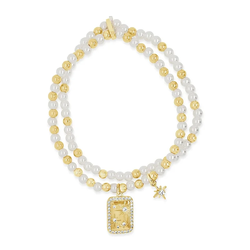 Absolute North Star Pendant Pearl Beaded Set of 2 Bracelets, Gold