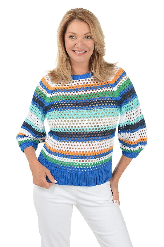 Riviera Striped Open Weave SweaterScoop Neck Knit Tops