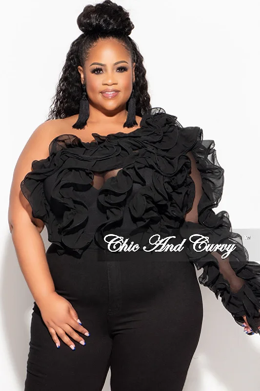 Final Sale Plus Size Ruffled One Shoulder Crop Top BlackCroptopwoven