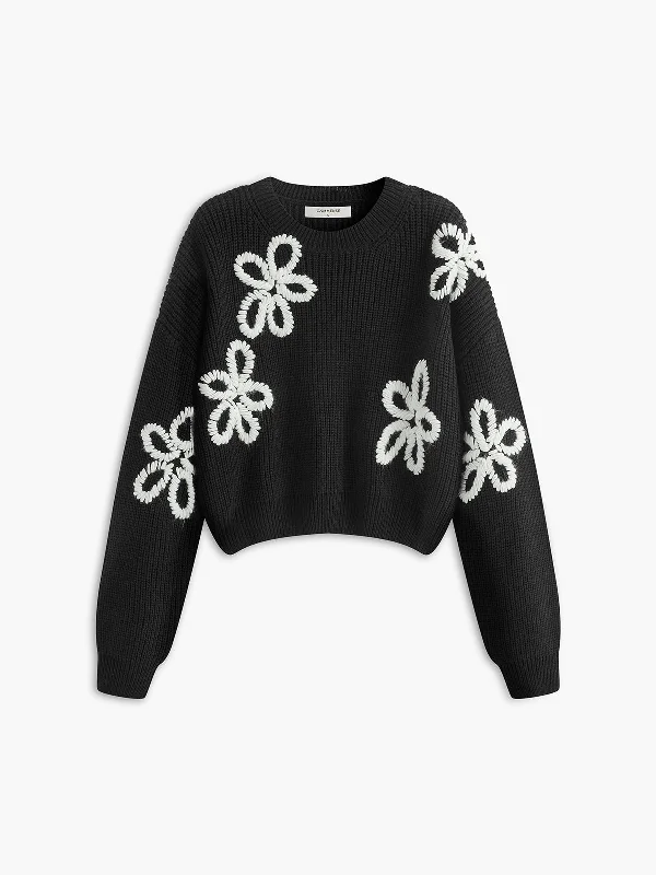 Crew Neck Ribbed Floral Knit TopCrewneckapp