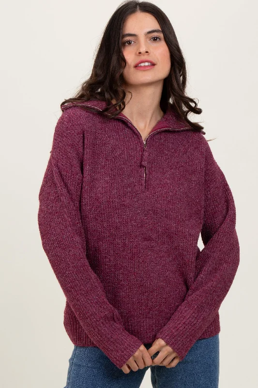 Burgundy Half Zip Pullover SweaterAsymmetrical Knit Tops