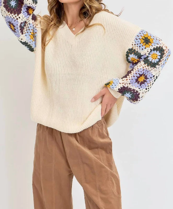 Crochet Patchwork Sweater In Ivory/blueMetallic Knit Tops