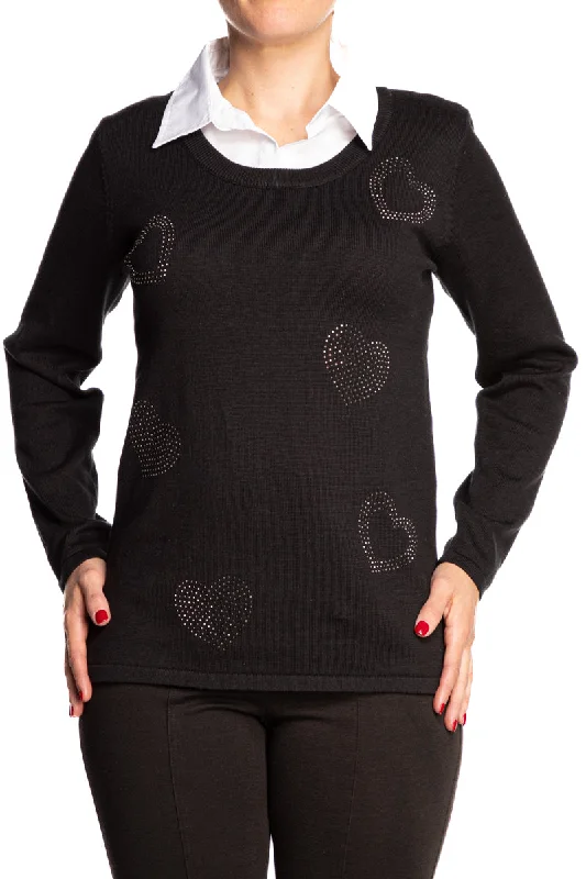 Women's Sweater Black with White Collar Touch of Glitter - Sizes up to XX LargeOrganic Cotton Knit Tops