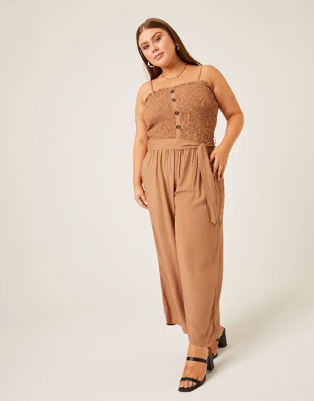 Large women's long topsPlus Size Smocked Tie Belt Jumpsuit