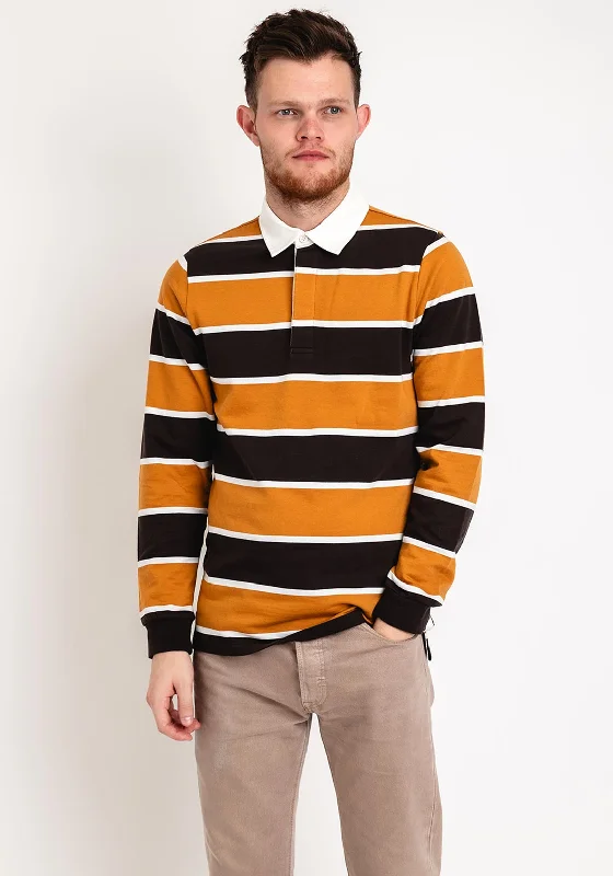 Zip-up polo shirtRemus Uomo Barstripe Long Sleeve Polo Shirt, Mustard & Brown