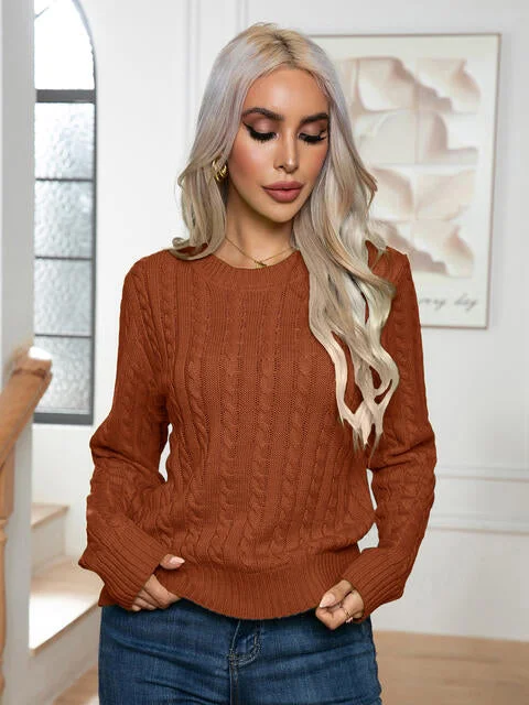 Cable-Knit Round Neck Long Sleeve SweaterWork Knit Tops