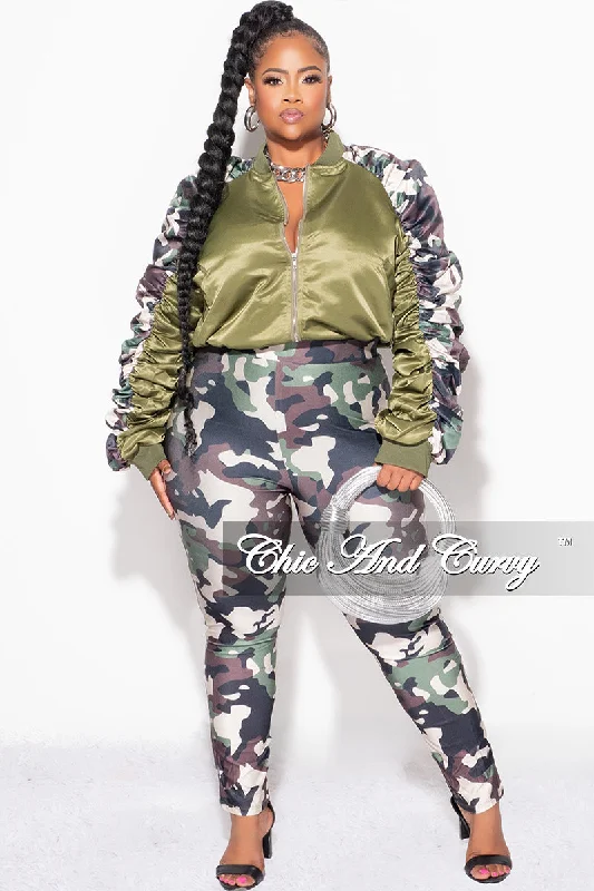 Final Sale Plus Size 2pc Satin Crop Zip Up Jacket and Legging Set in Camouflage PrintCroptopidentity