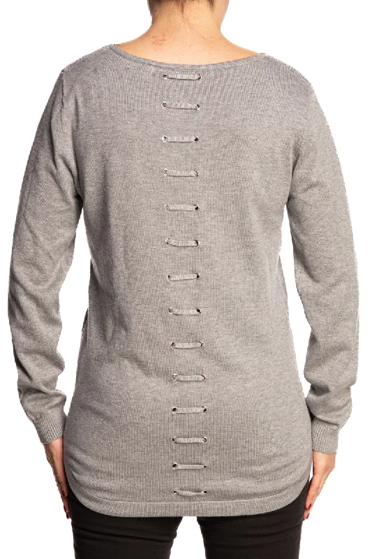 Women's Crew Neck Grey Sweater with Back Detail - Sizes Small to XX LargeOff-Shoulder Knit Tops