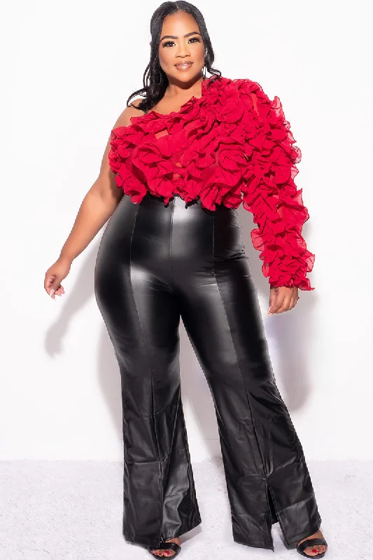 Final Sale Plus Size Ruffled One Shoulder Crop Top in RedCroptopculture