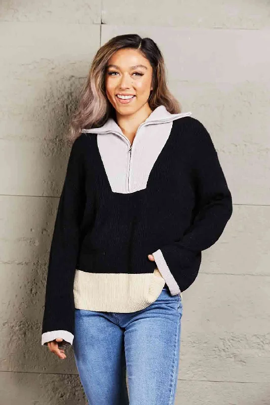 Double Take Color Block Half-Zip Dropped Shoulder Knit PulloverLeather-Paneled Knit Tops