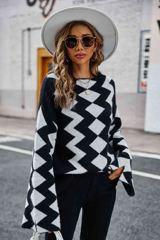 Geometric Slit Flare Sleeve Round Neck SweaterLayered Knit Tops