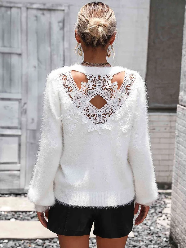 Lace Detail Cutout Long Sleeve Pullover SweaterThermal Knit Tops