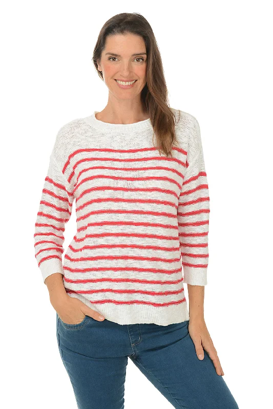 Red Striped Boat Neck SweaterTasseled Knit Tops