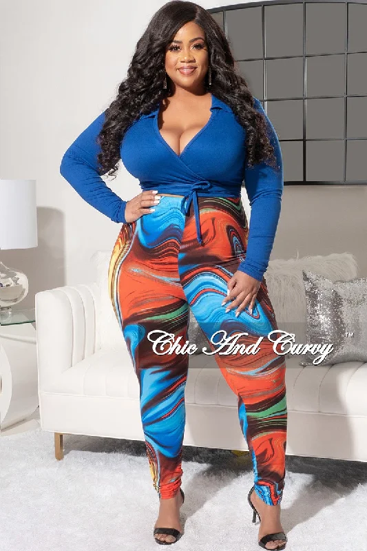 Final Sale Plus Size 2pc Long Sleeve Faux Wrap Collar Crop Tie Top and Pants in Royal Blue Multi ColorCroptopseam