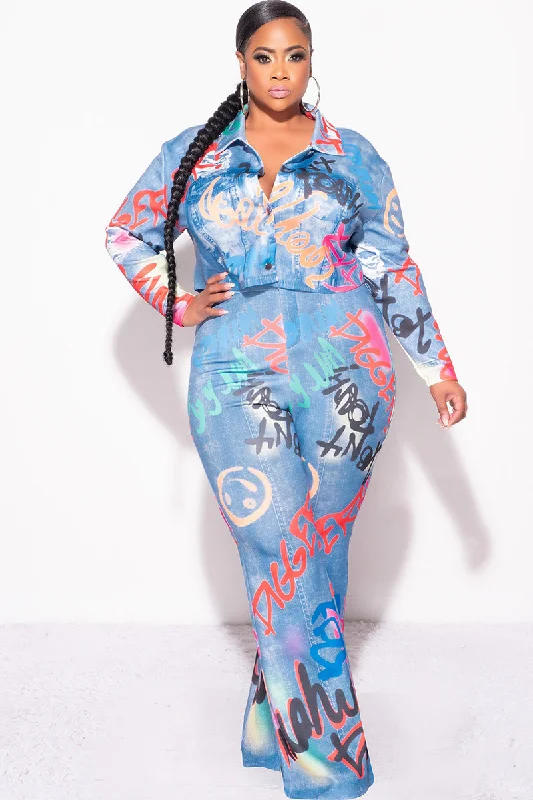 Final Sale Plus Size 2pc Crop jacket and Pants Set in  Denim Print FabricCroptoptailor