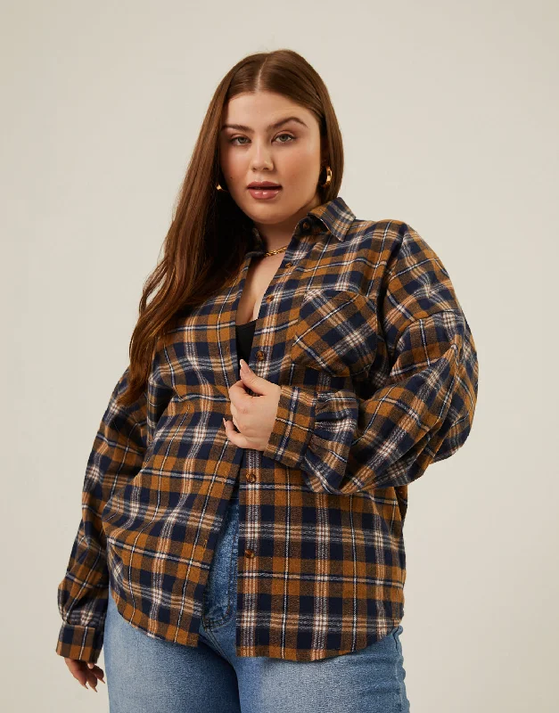 Plus Large women's linen topsPlus Size Comfy Plaid Flannel Shirt