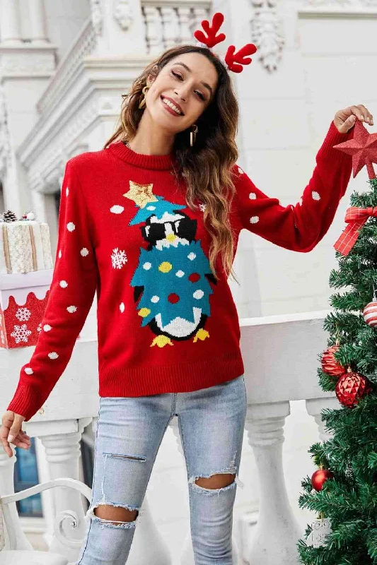 Christmas Penguin Graphic Sequin SweaterStreetwear Knit Tops