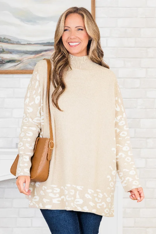 Time To Walk Away Sweater Tunic, Taupe-WhiteColorblock Knit Tops