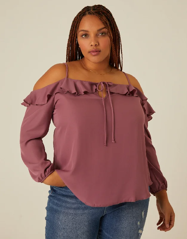 Women's commuter topsPlus Size Cold Shoulder Ruffle Blouse