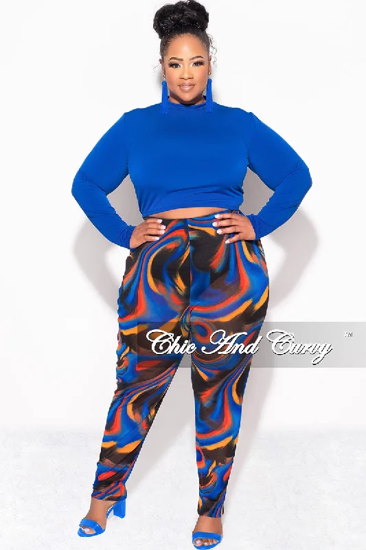 Final Sale Plus Size 2pc Long Sleeve Crop Tie Top and Mesh Pants in Royal Blue Multi ColorCroptopweb