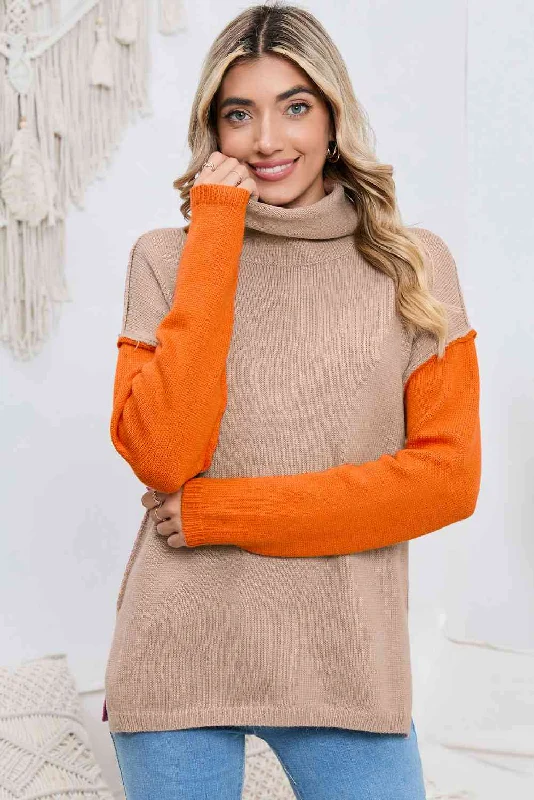 Turtle Neck Dropped Shoulder Slit SweaterLuxury Knit Tops