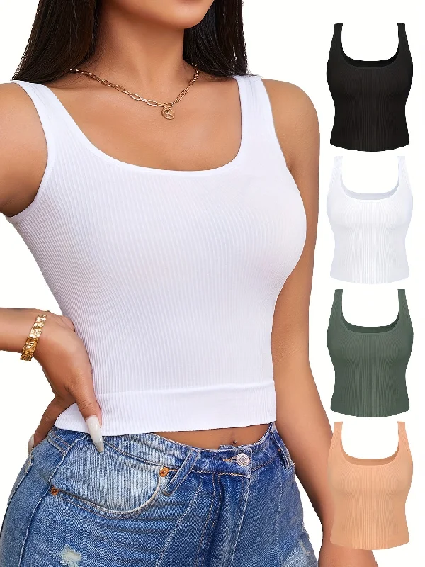 4pcs Solid Tank Tops, Simple Scoop Neck Sleeveless Ribbed Knit Casual Tank Crop Top, Women's Lingerie & UnderwearCroptopculture