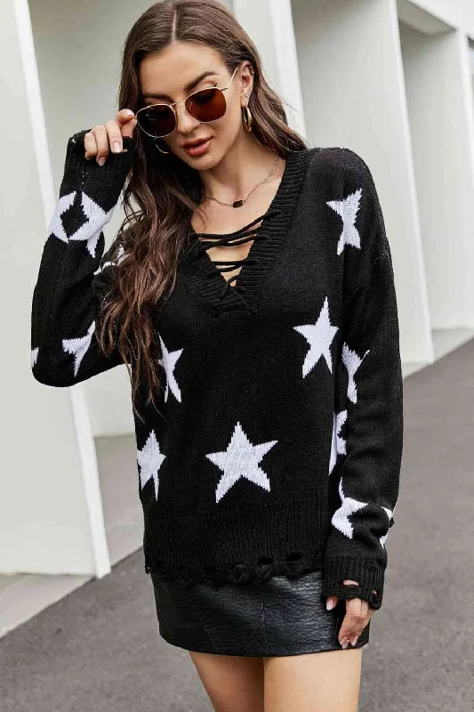 Star Pattern Lace-Up Drop Shoulder SweaterTurtleneck Knit Tops