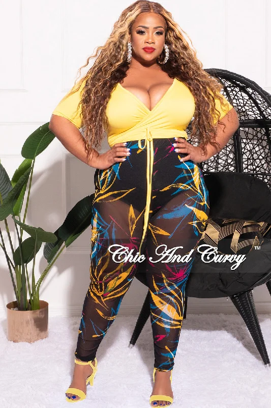 Final Sale Plus Size 2pc Long Sleeve Crop Tie Top and Mesh Pants in Yellow Multi ColorCroptopstyle