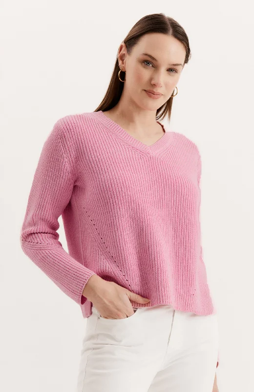 Mineral Wash V Neck Sweater - Hot PinkLace-Up Knit Tops